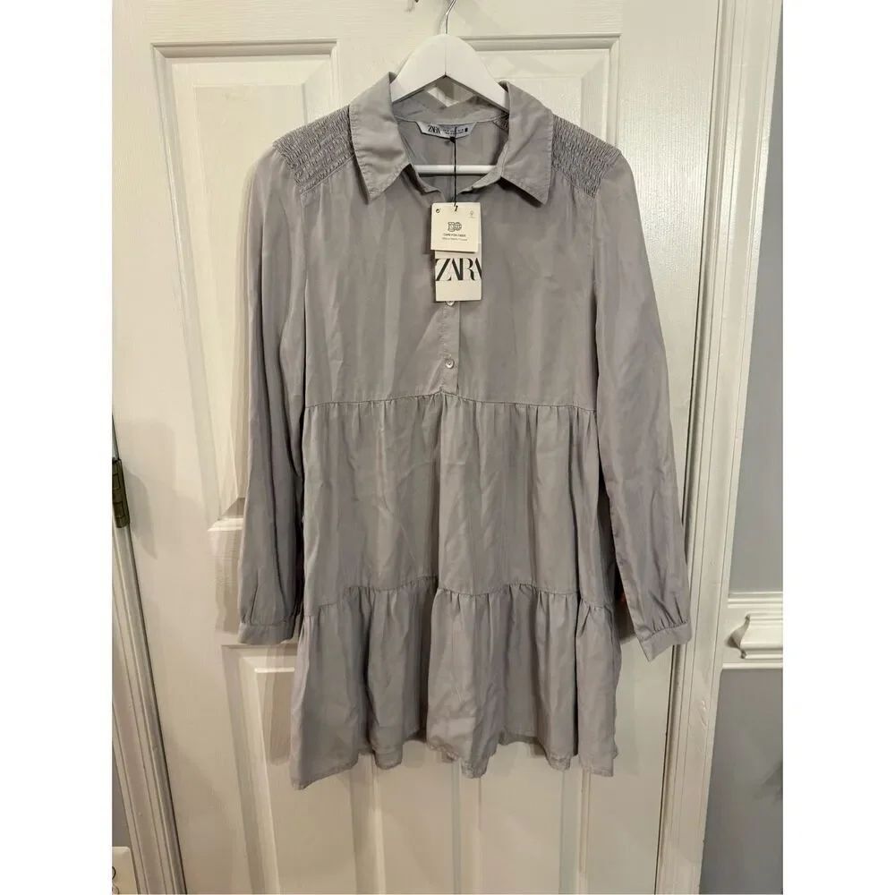 Zara Light Gray Tiered Smocked Long Sleeve Babydoll Dress Sz M NWT